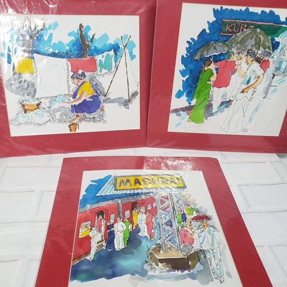 3 Vintage Madurai India Watercolor Matted Prints by Sam 2004 13x13 Sealed